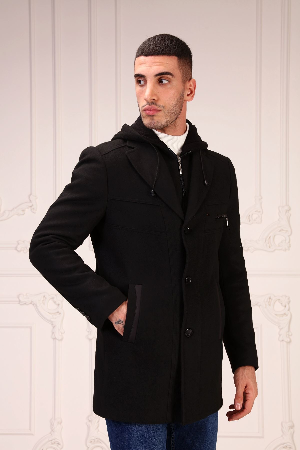 Kapşonlu Erkek Kaşe Kaban