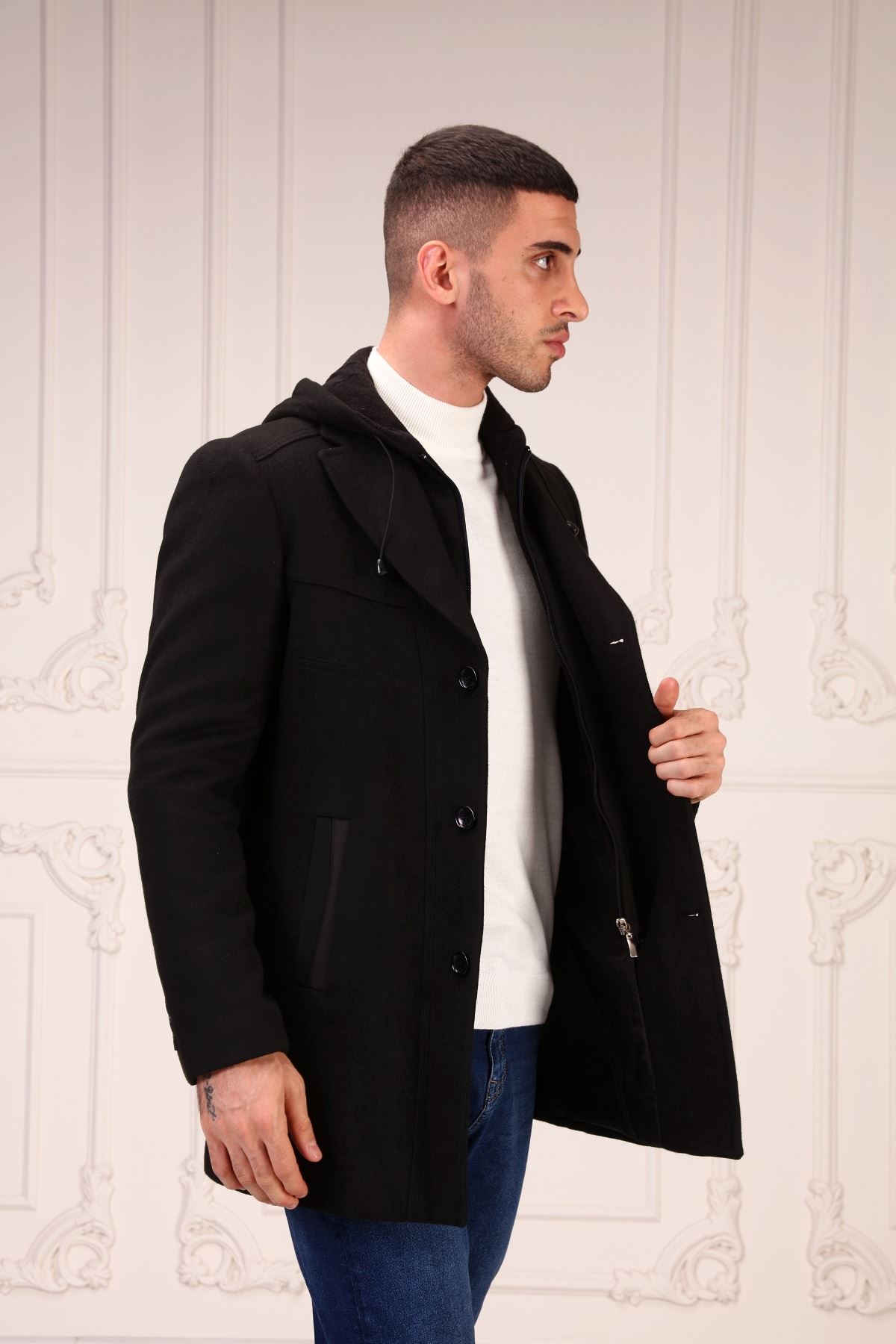 Kapşonlu Erkek Kaşe Kaban