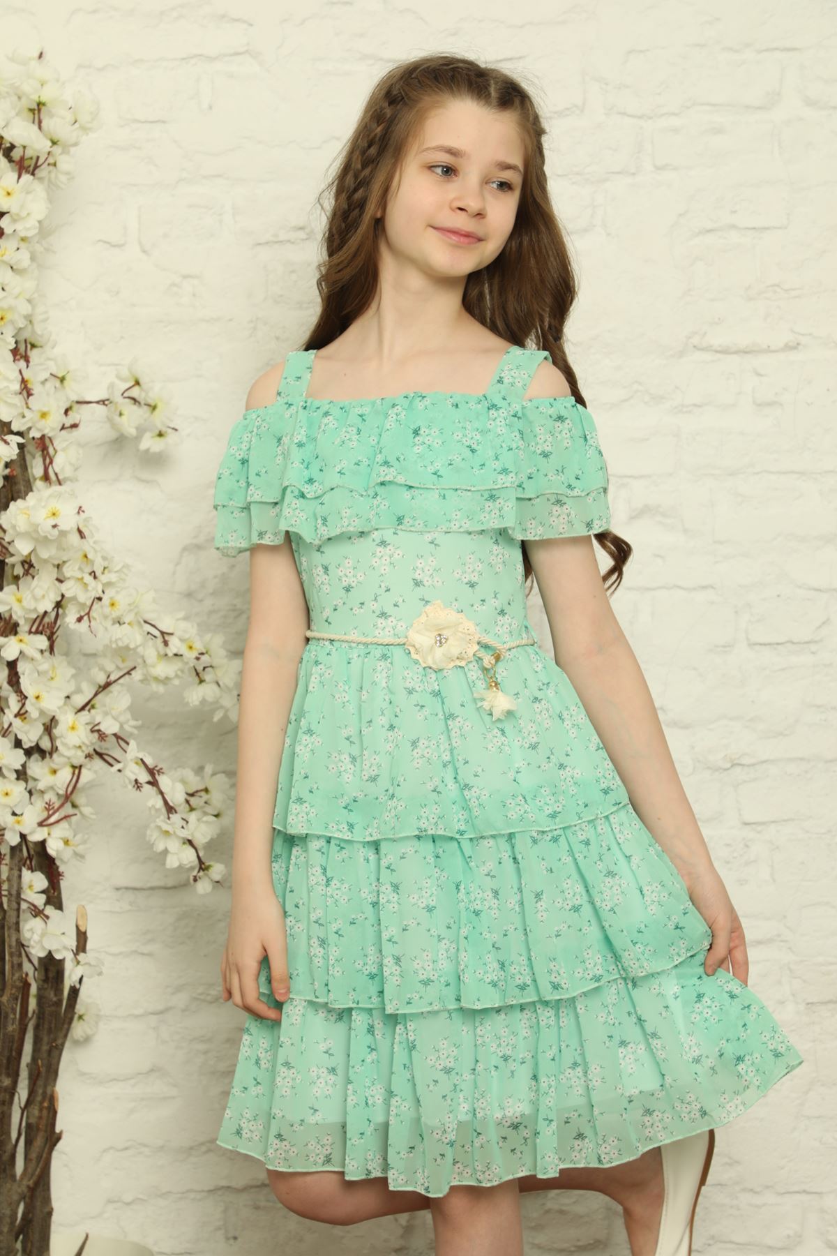 Desenli Şifon Kız Çocuk Elbise