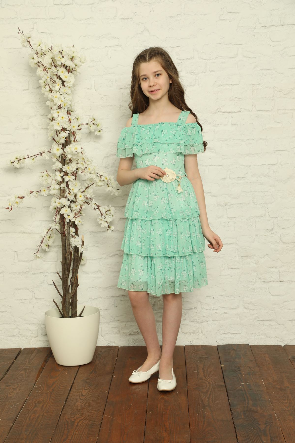 Desenli Şifon Kız Çocuk Elbise