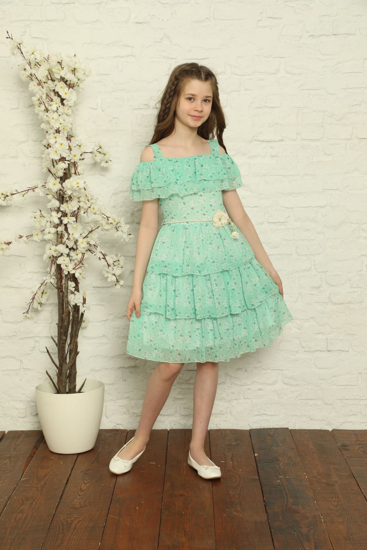 Desenli Şifon Kız Çocuk Elbise