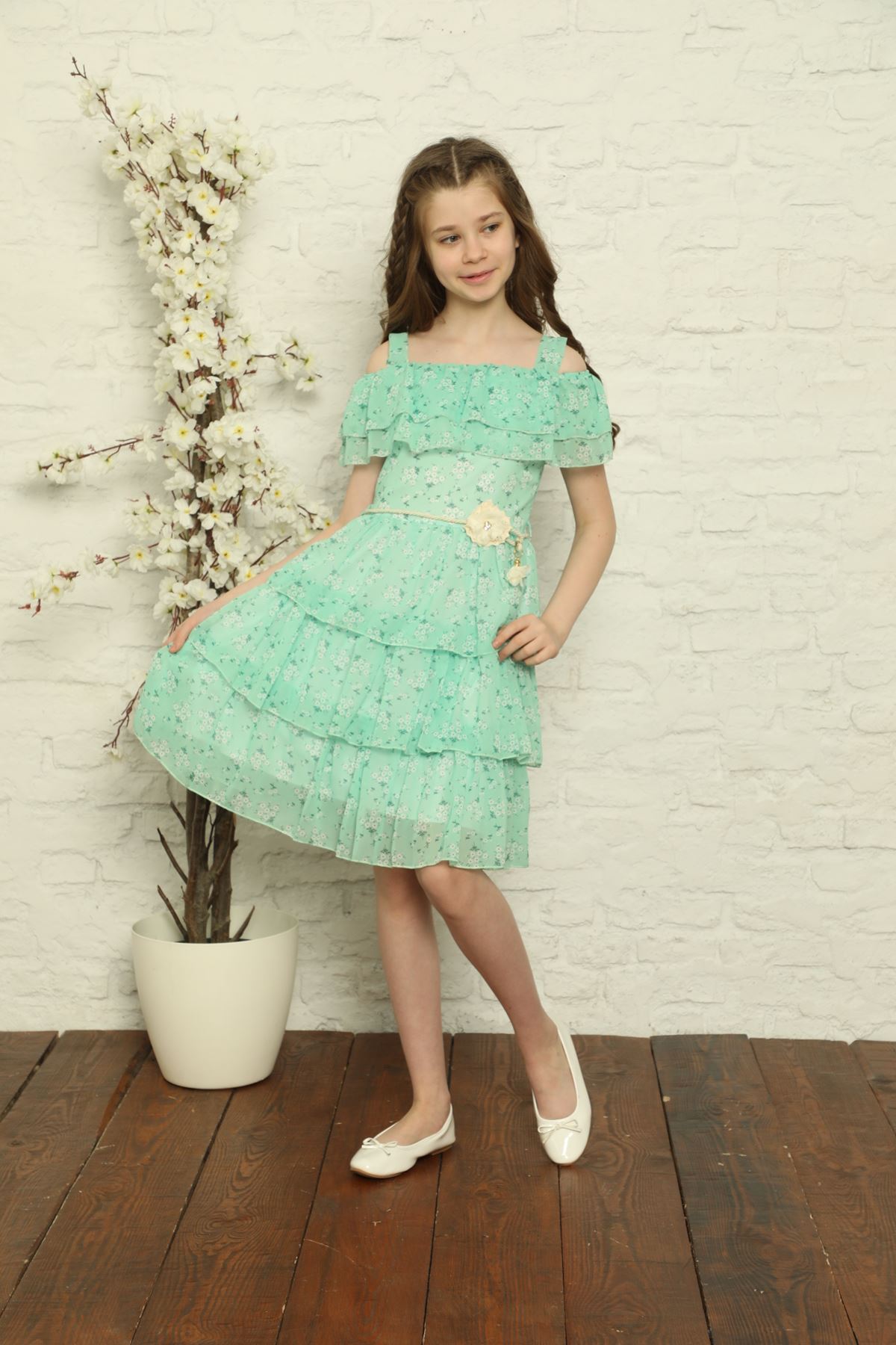 Desenli Şifon Kız Çocuk Elbise