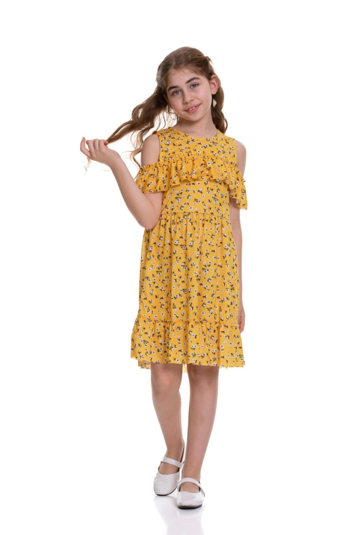 Göğsü Fırfırlı Desenli Kız Çocuk Elbise