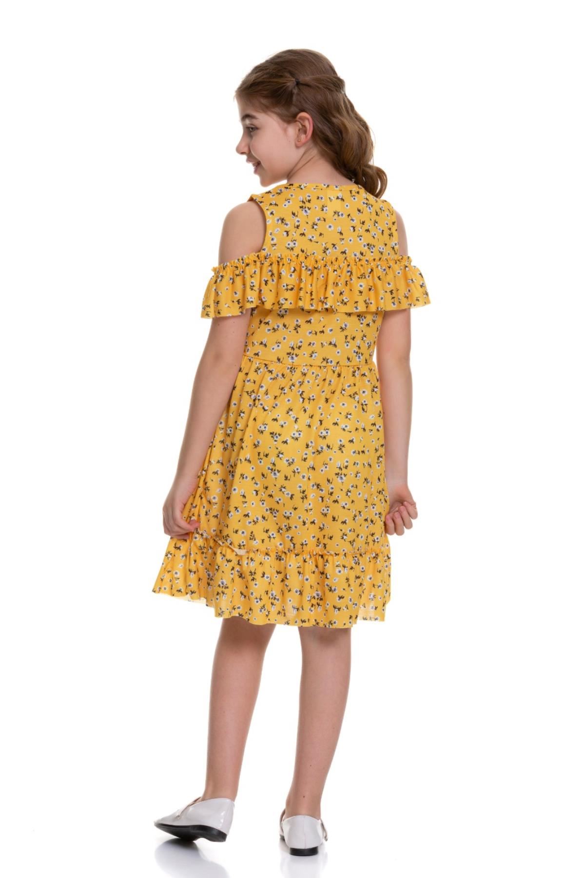 Göğsü Fırfırlı Desenli Kız Çocuk Elbise
