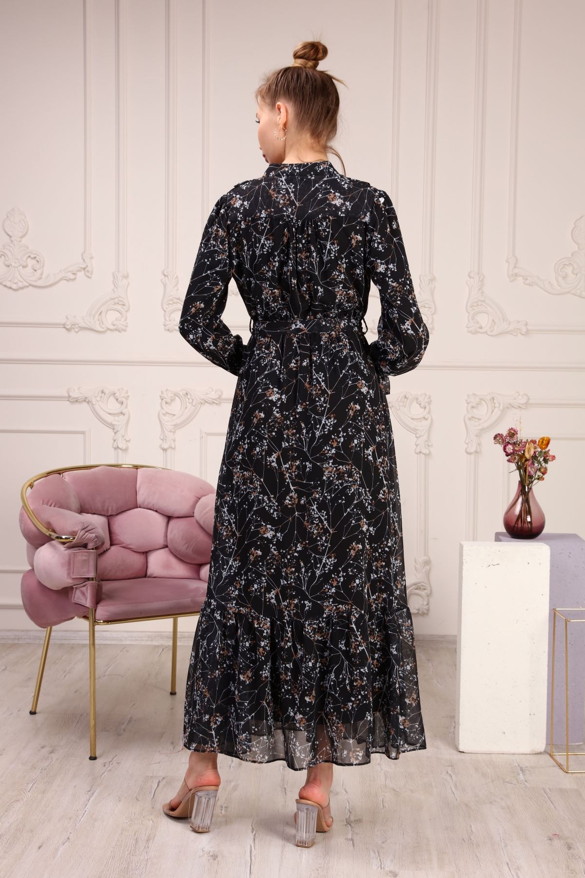 Desenli Uzun Şifon Kadın Elbise