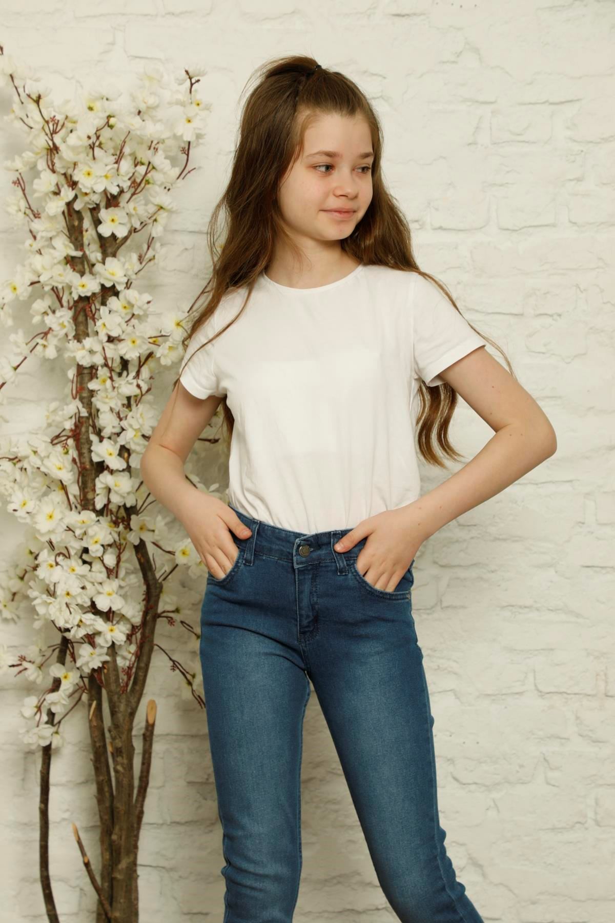 Nakışlı Likralı Kız Çocuk Kot Pantolon