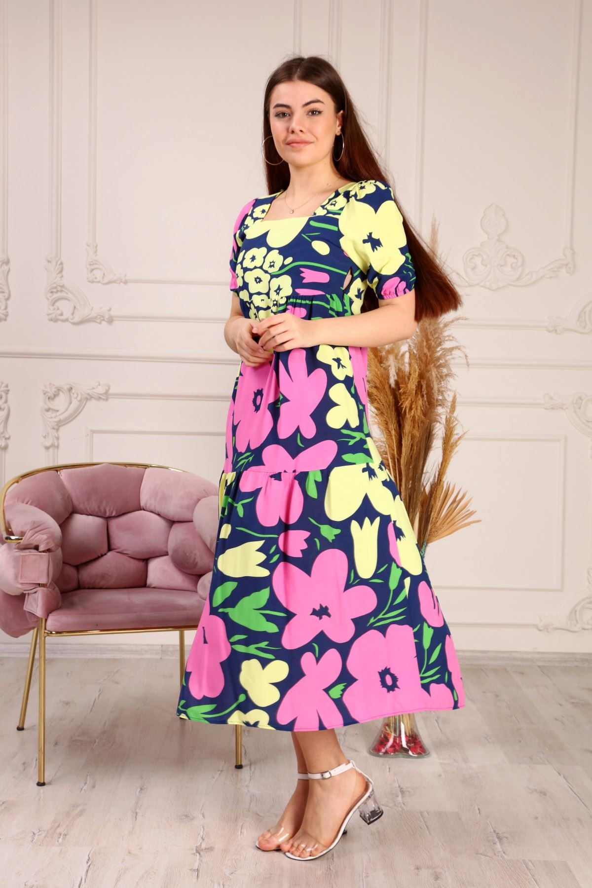 Floral Patterned Half Sleeve Women's Dress