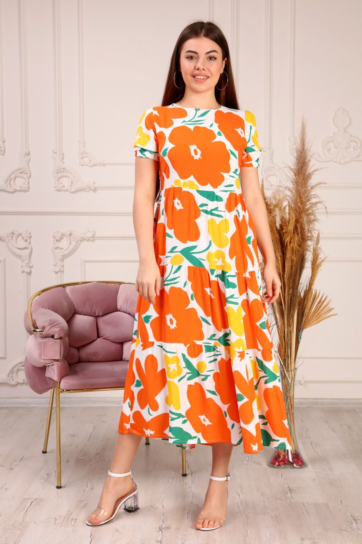 Floral Patterned Midi Length Women's Dress