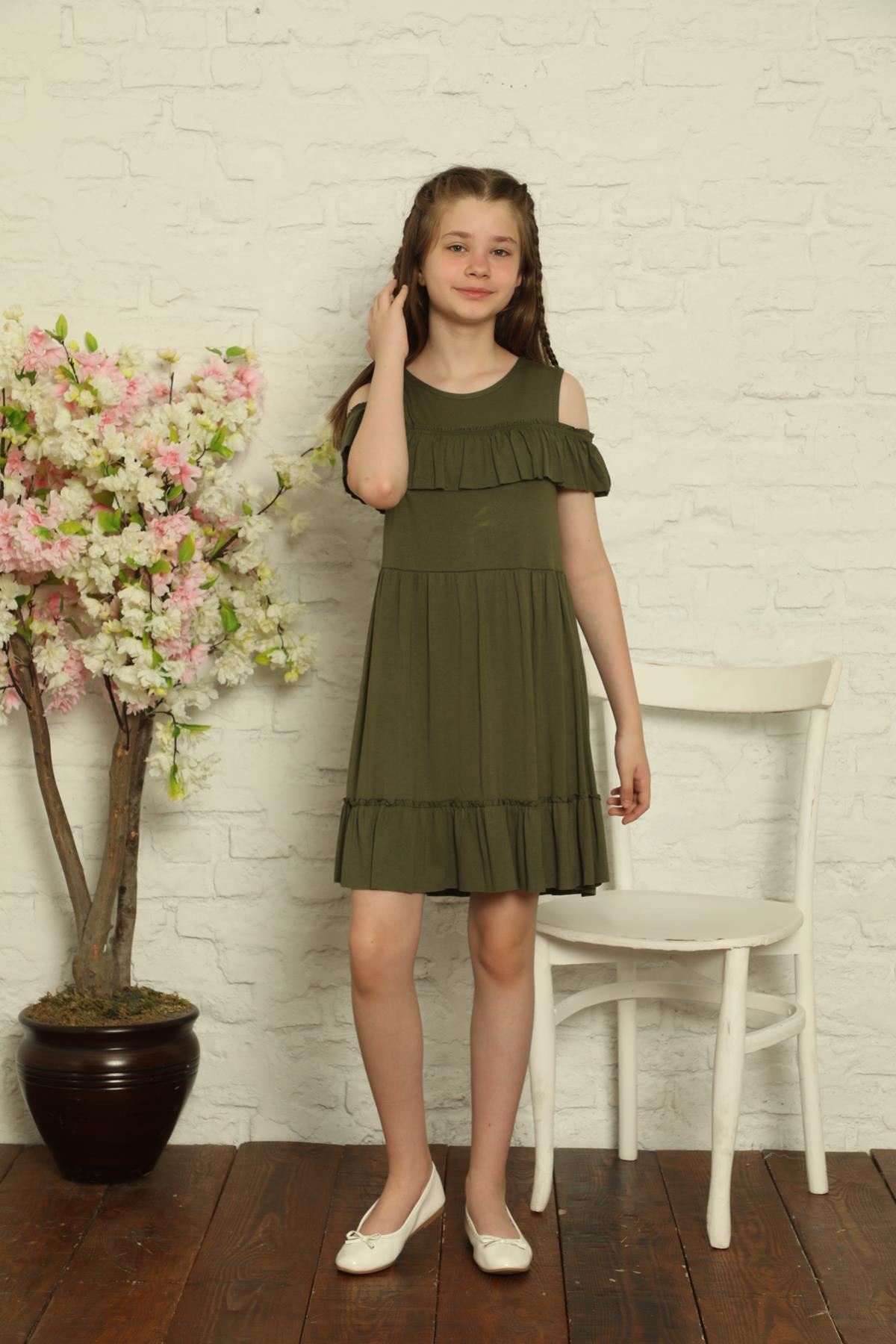 Girl's Dress with Shoulder Window and Ruffle Chest