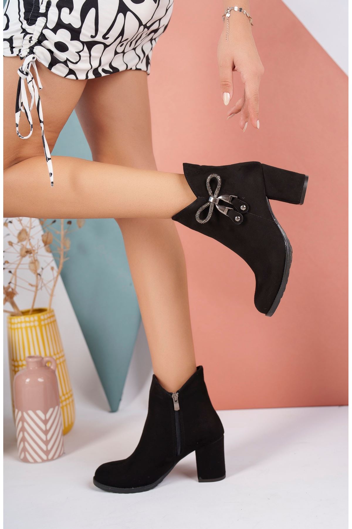 Black Suede Women's Boots with Heeled Side Bow Stone