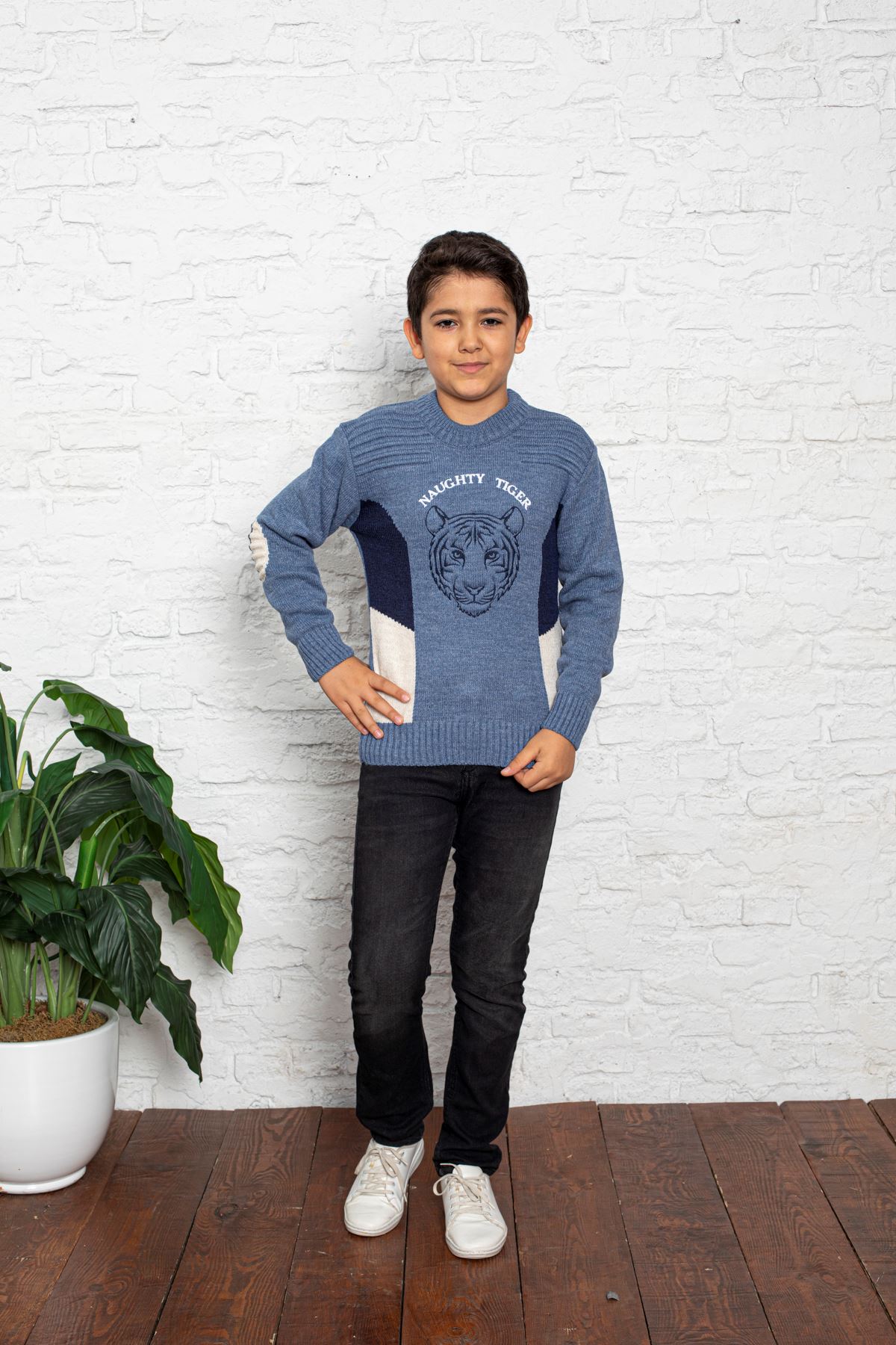 Lion Printed Crew-Neck Boy's Knit Sweater