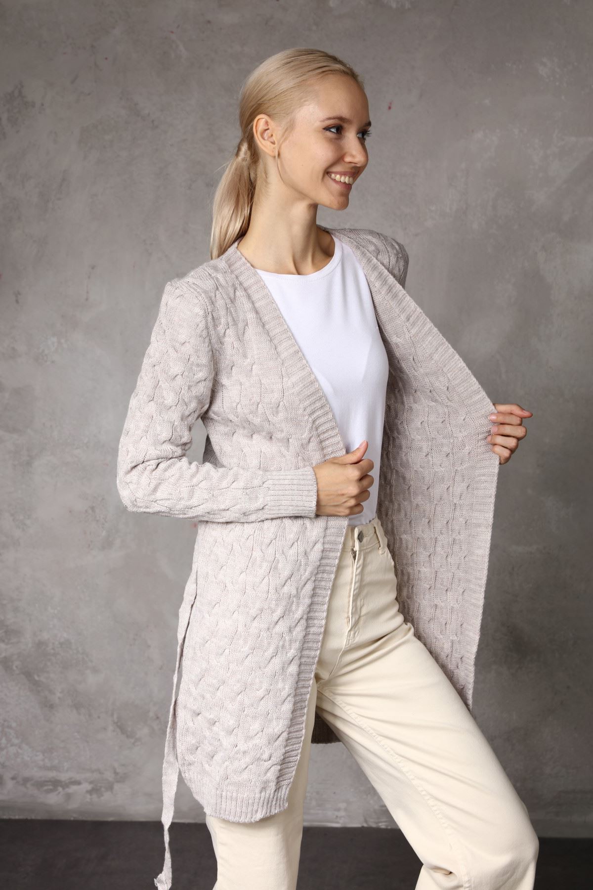 Belted Knit Patterned Women's Sweater Cardigan