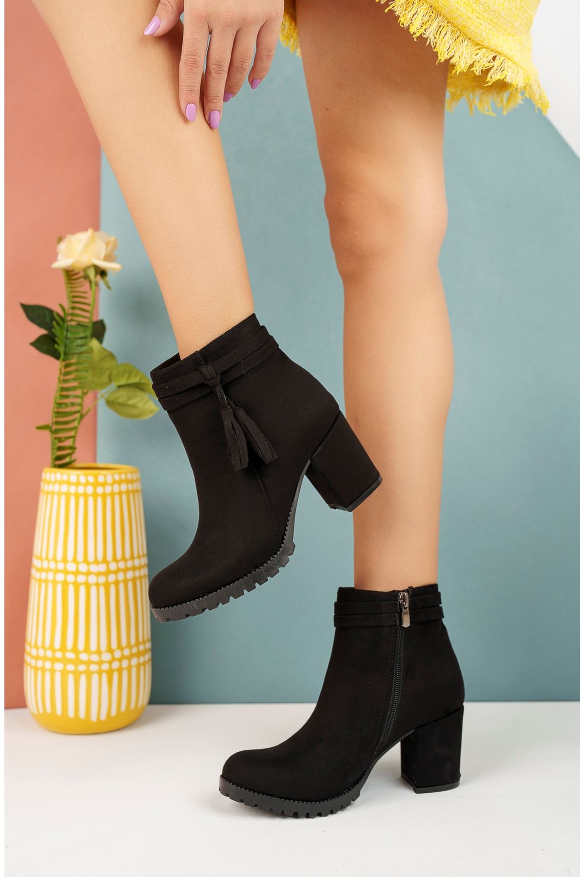 Black Suede Women's Boots with Tassels