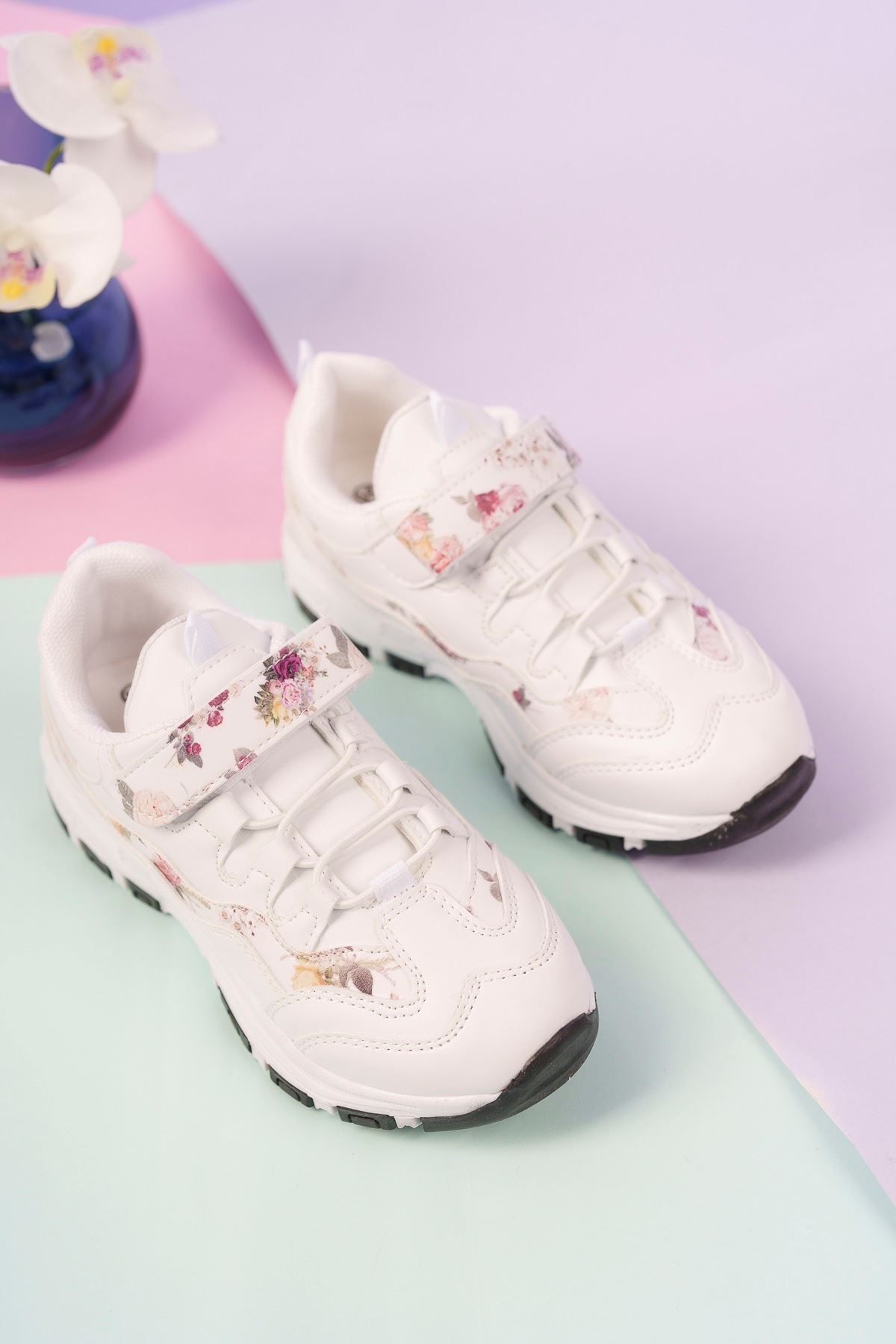 White Floral Kids Sneakers