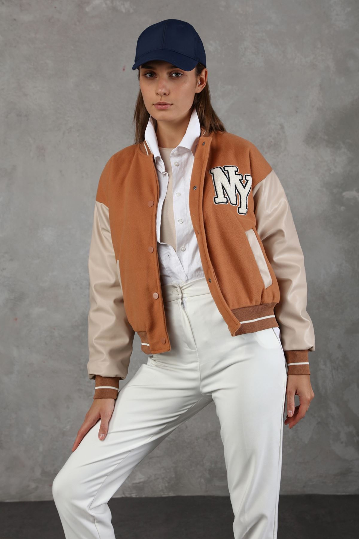 Women's College Coat with Leather Sleeves