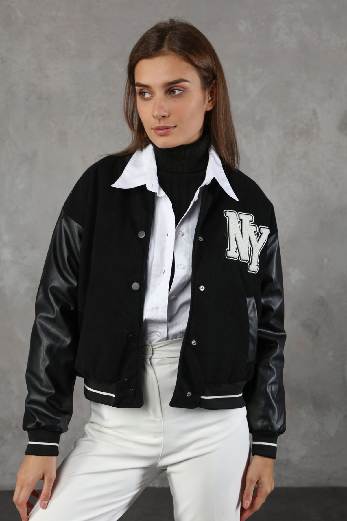 Women's College Coat with Leather Sleeves