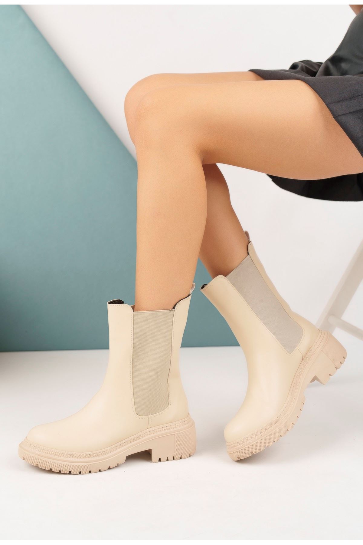 Elasticized Beige Skin Women's Boots
