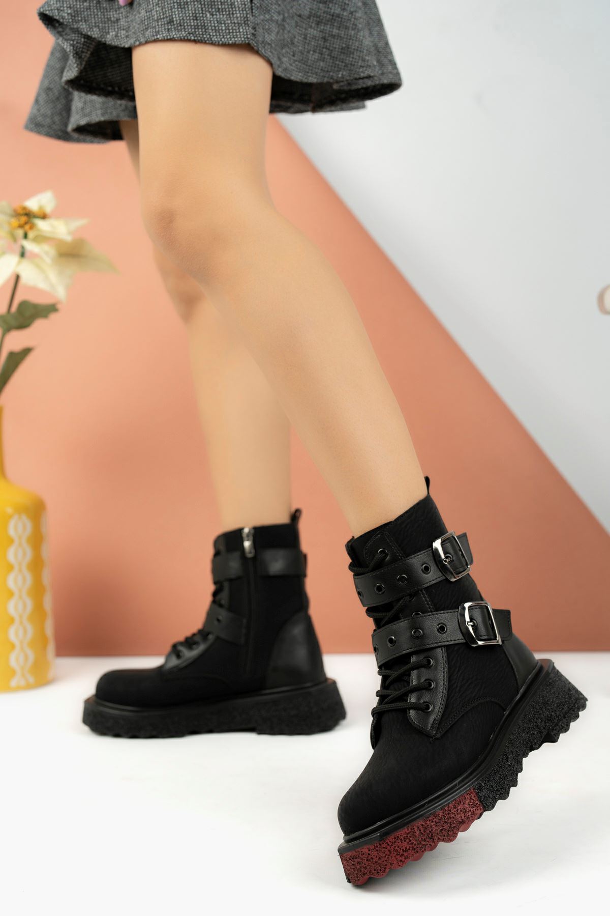 Black Women's Double Buckle Boots with Padded Sole