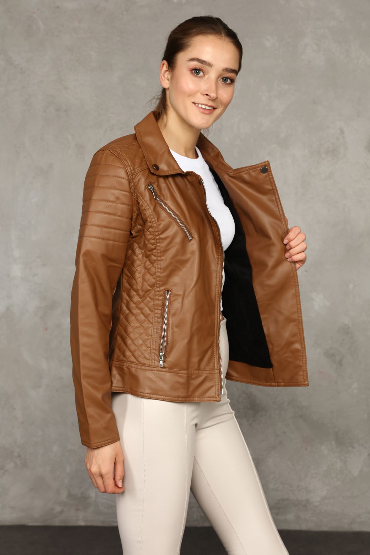 Women's Tan Leather Coat with Fleece Inside