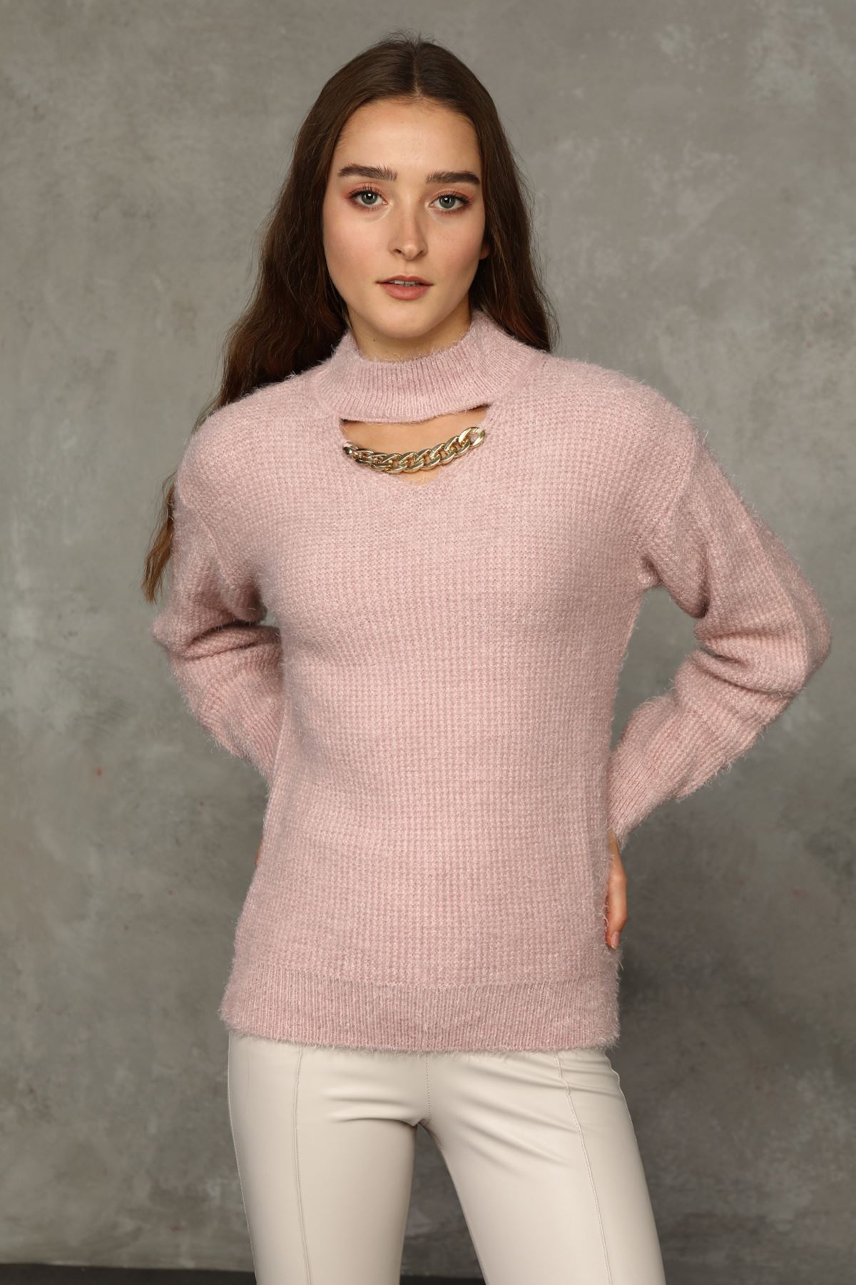 Women's Knit Sweater with Chain Detail at the Neck