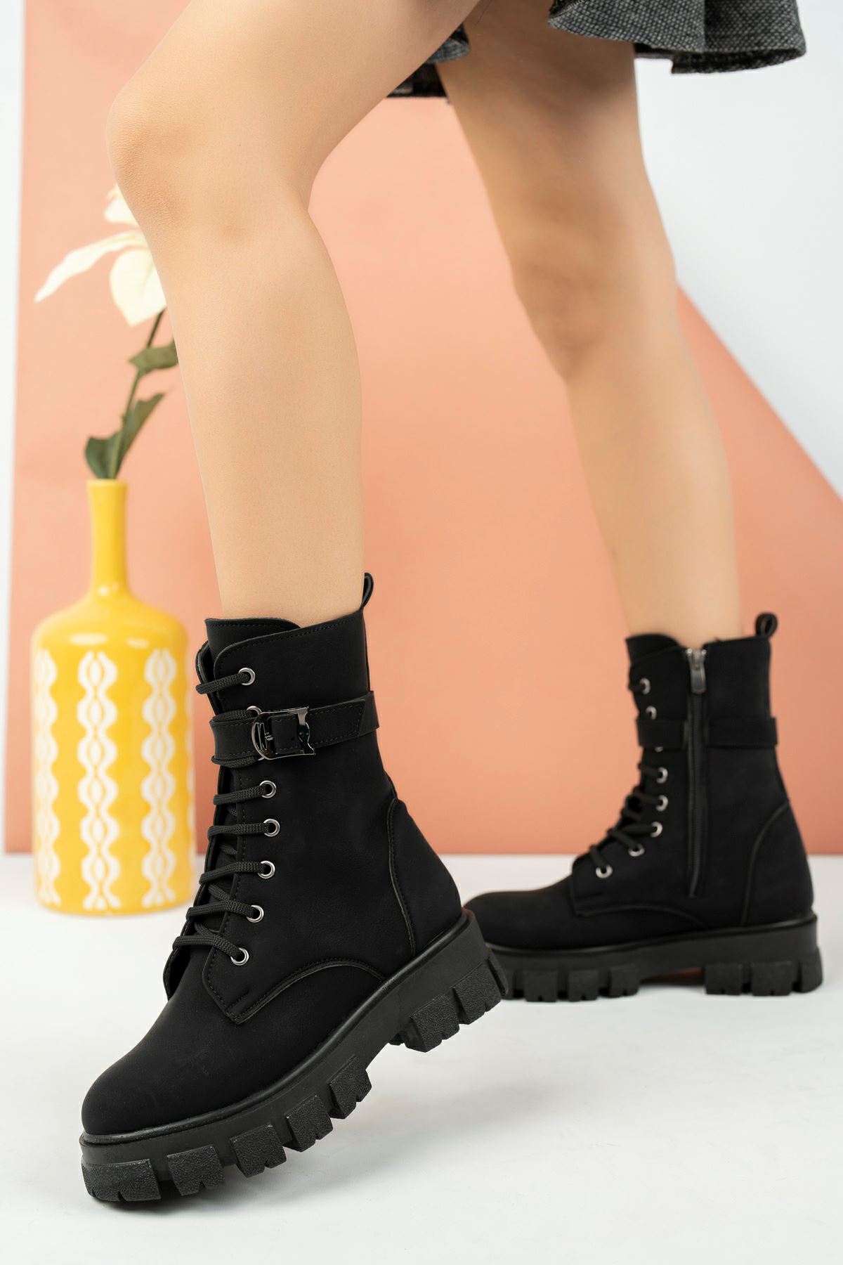 Black Women's Ankle Boots with Poly Sole Buckle