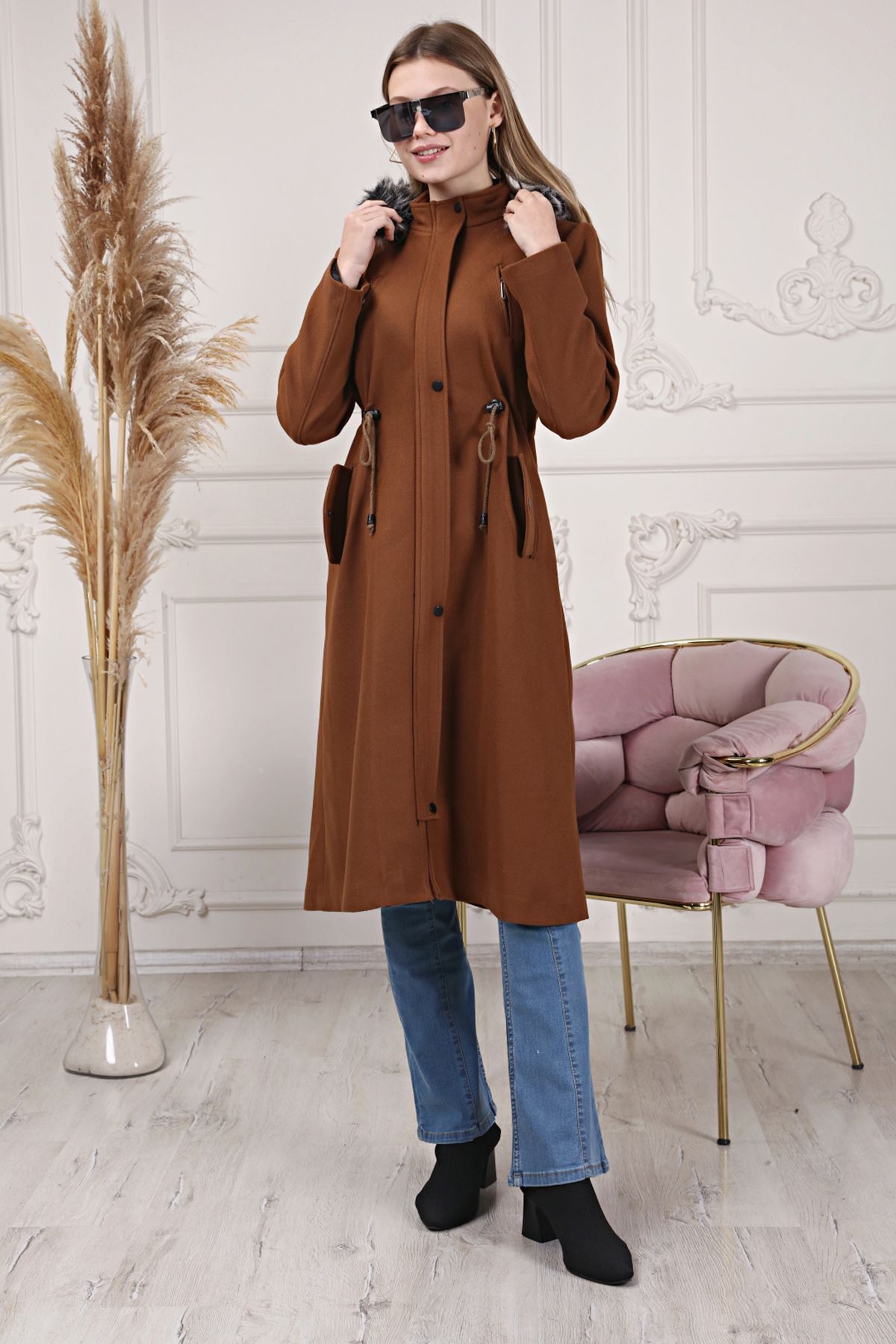 Hooded Long Women's Cashmere Coat with Drawstring Waist