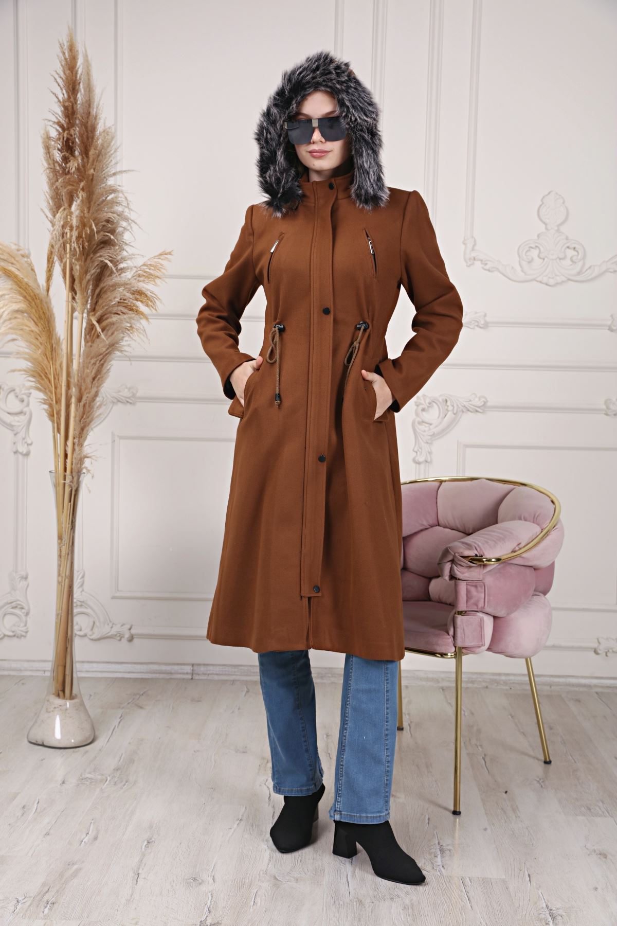 Hooded Long Women's Cashmere Coat with Drawstring Waist