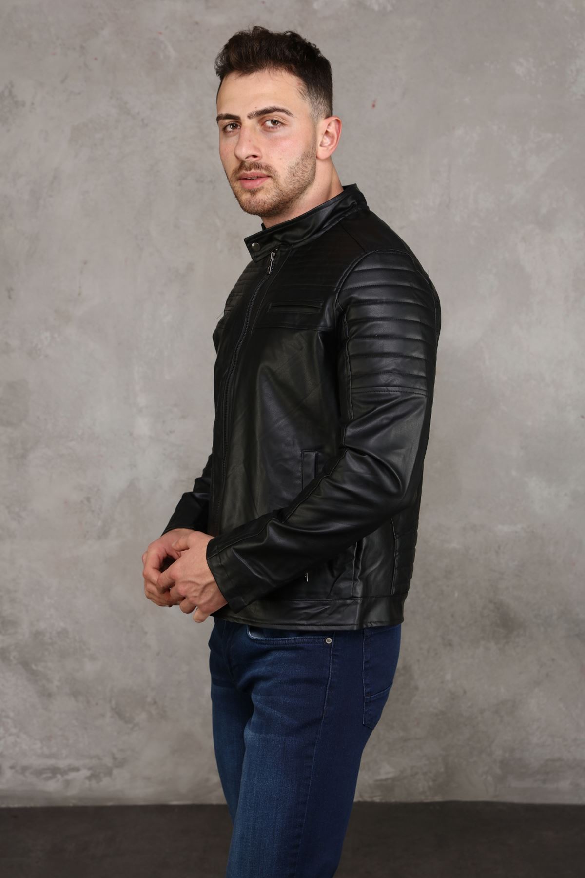 Men's Zippered Leather Coat with Wool Inside