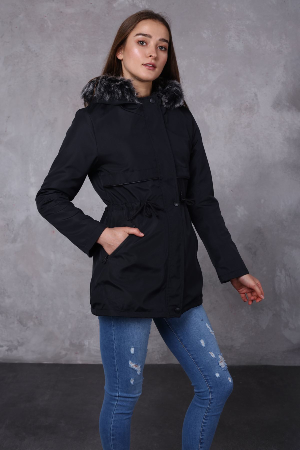 Women's Hooded Coat with Leather Piping