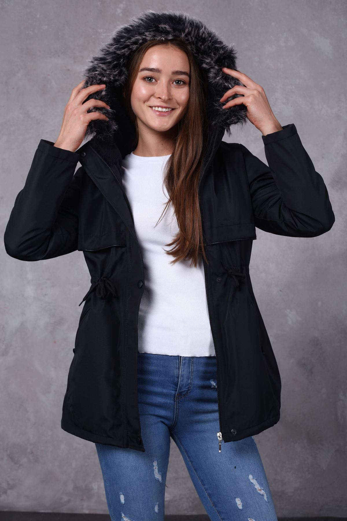 Women's Hooded Coat with Leather Piping