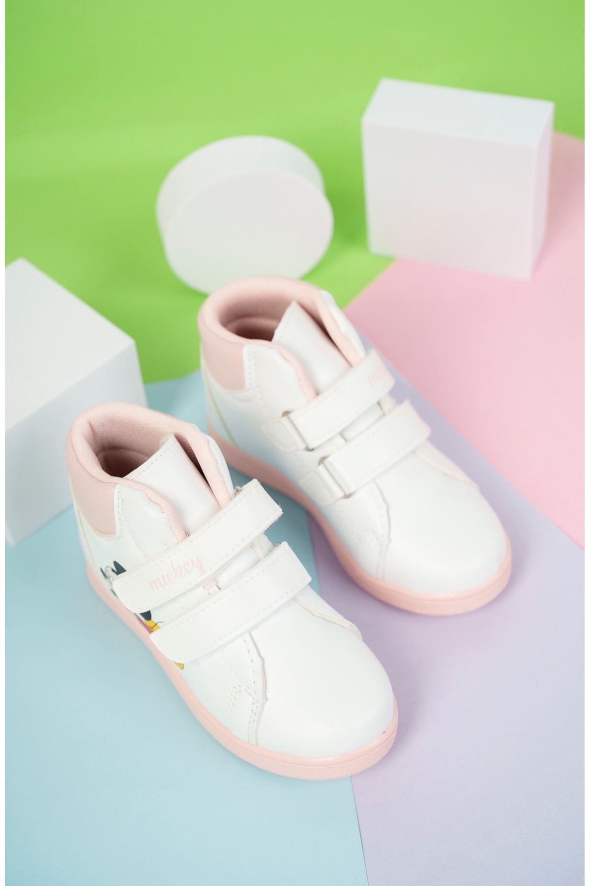Printed White To White Powder Garnished Velcro Children's Boots