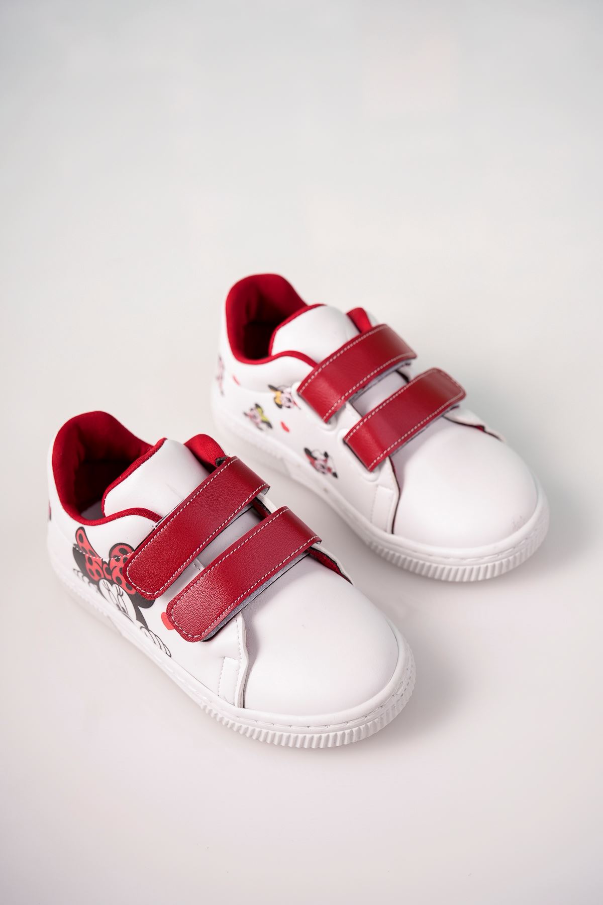 Velcro Red Printed White Kids Shoes