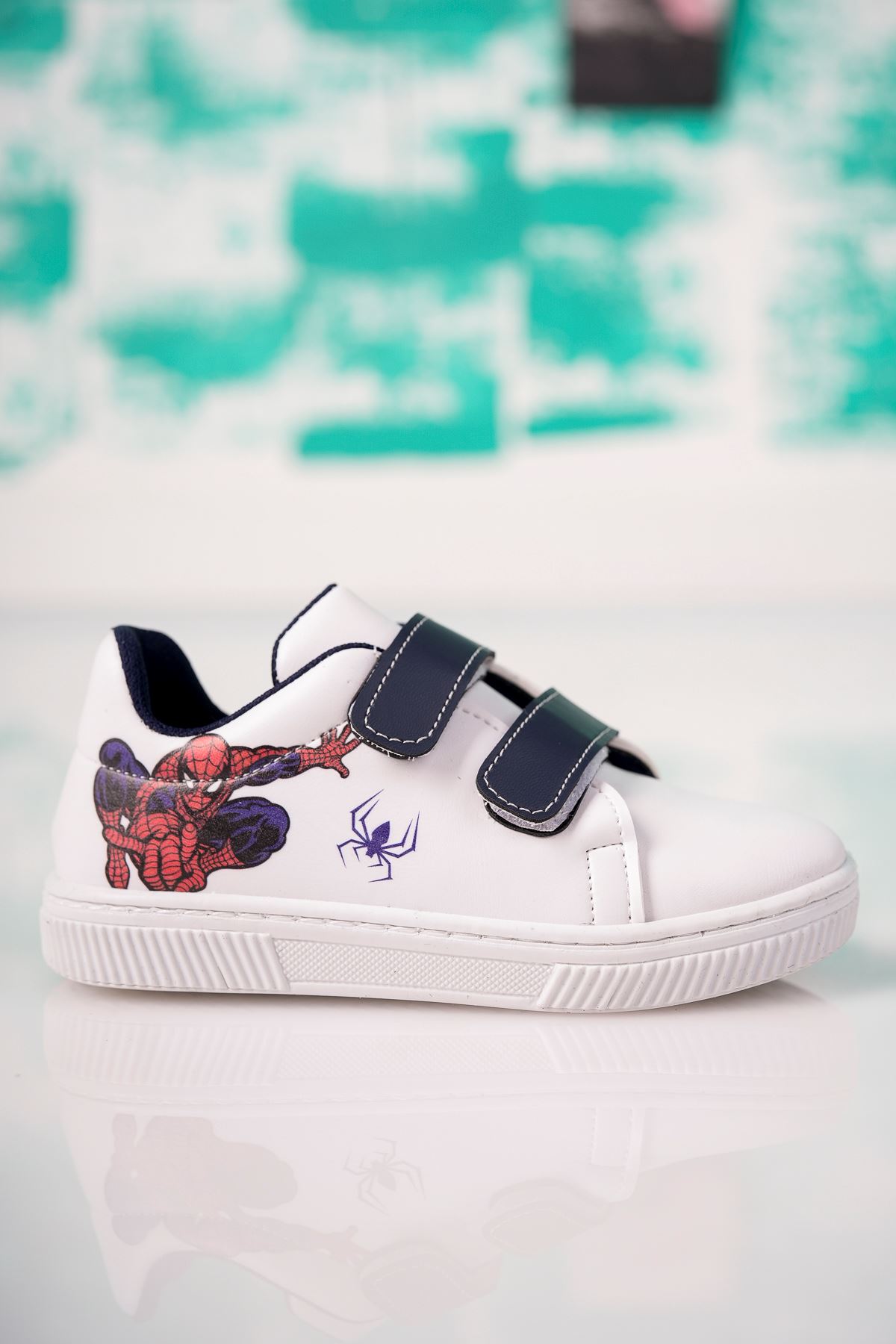 Velcro Navy Blue Printed White Kids Shoes