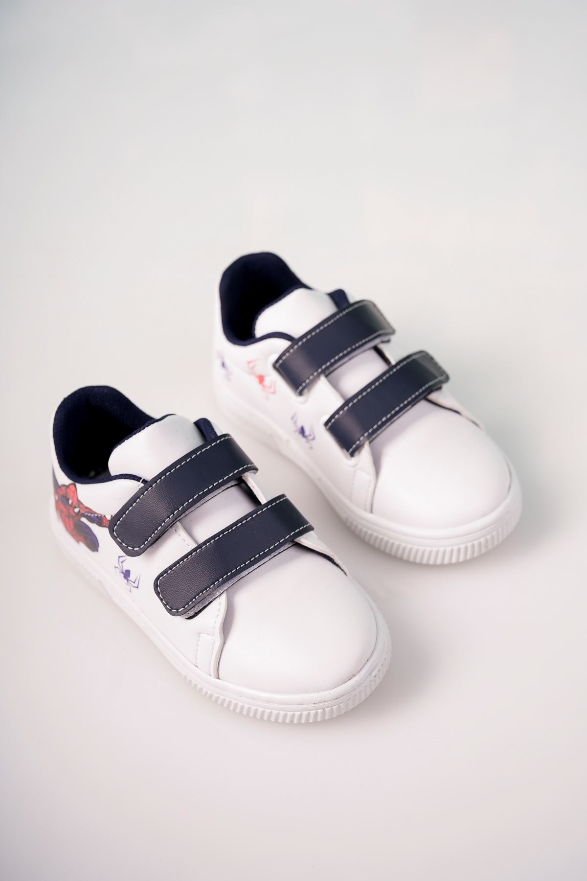 Velcro Navy Blue Printed White Kids Shoes