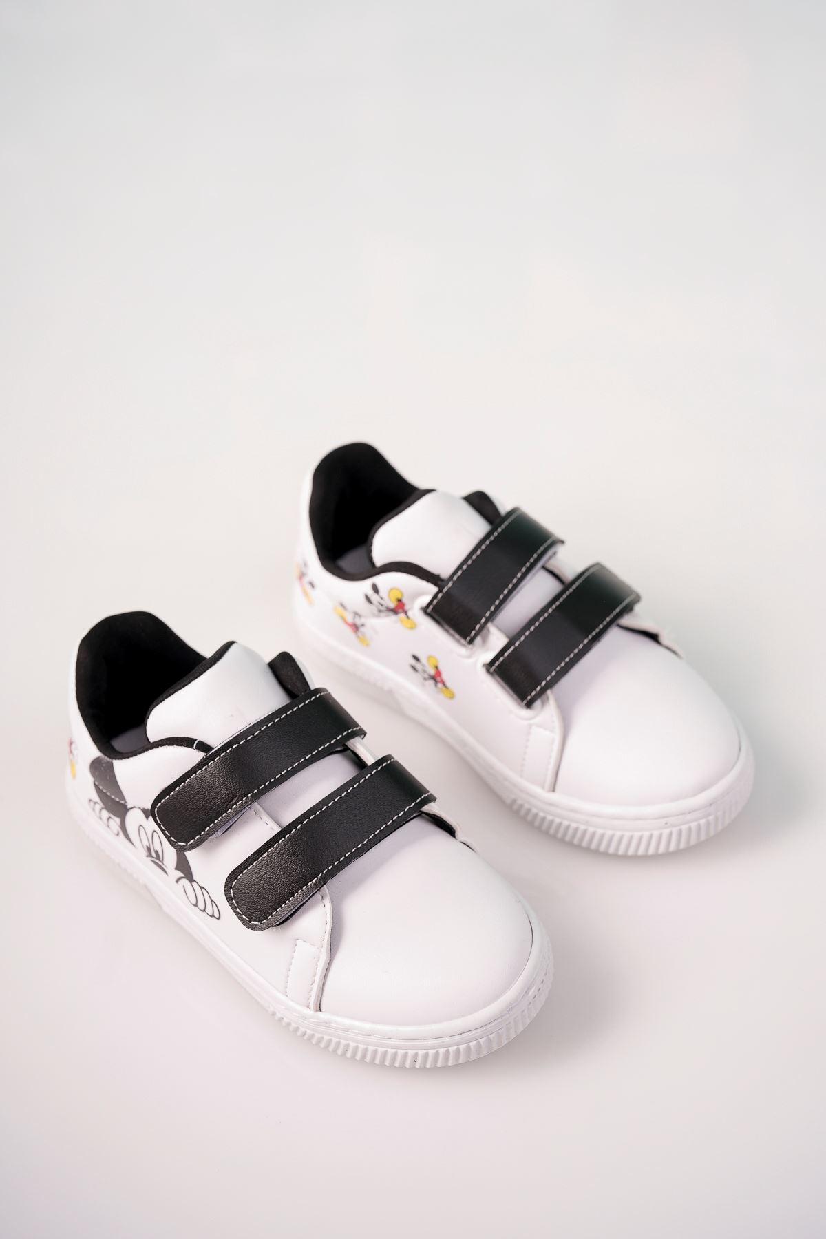 Velcro Black Printed White Kids Shoes