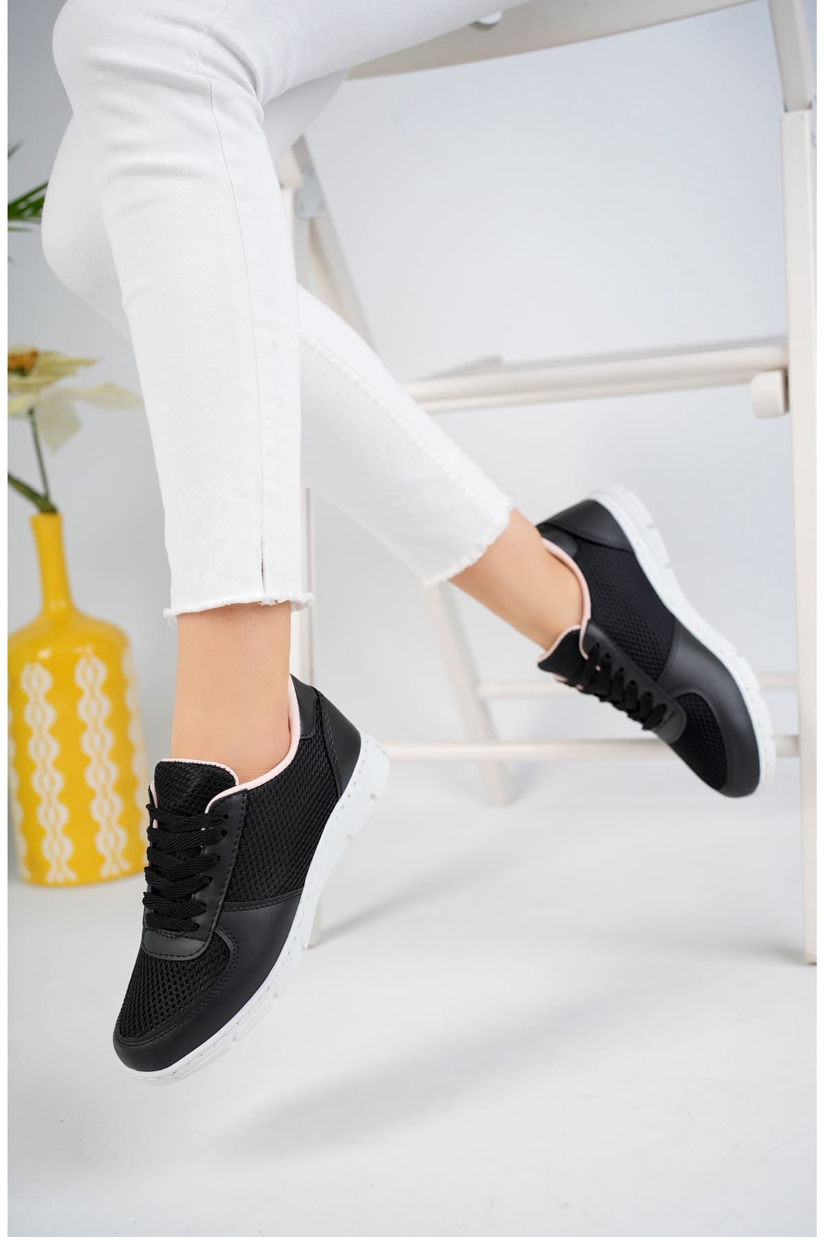 Mesh Black and White Sole Powder Lined Sneakers