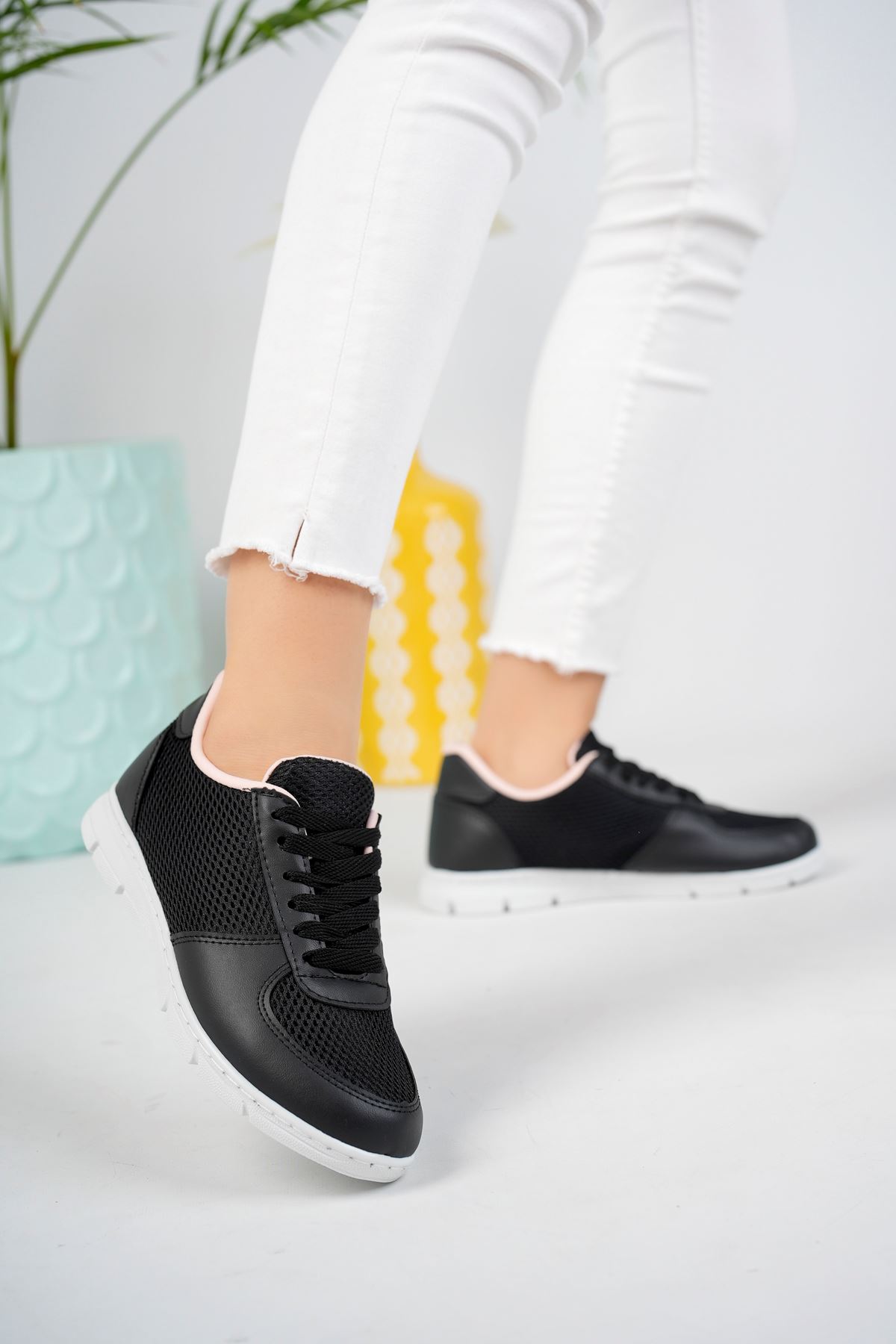Mesh Black and White Sole Powder Lined Sneakers