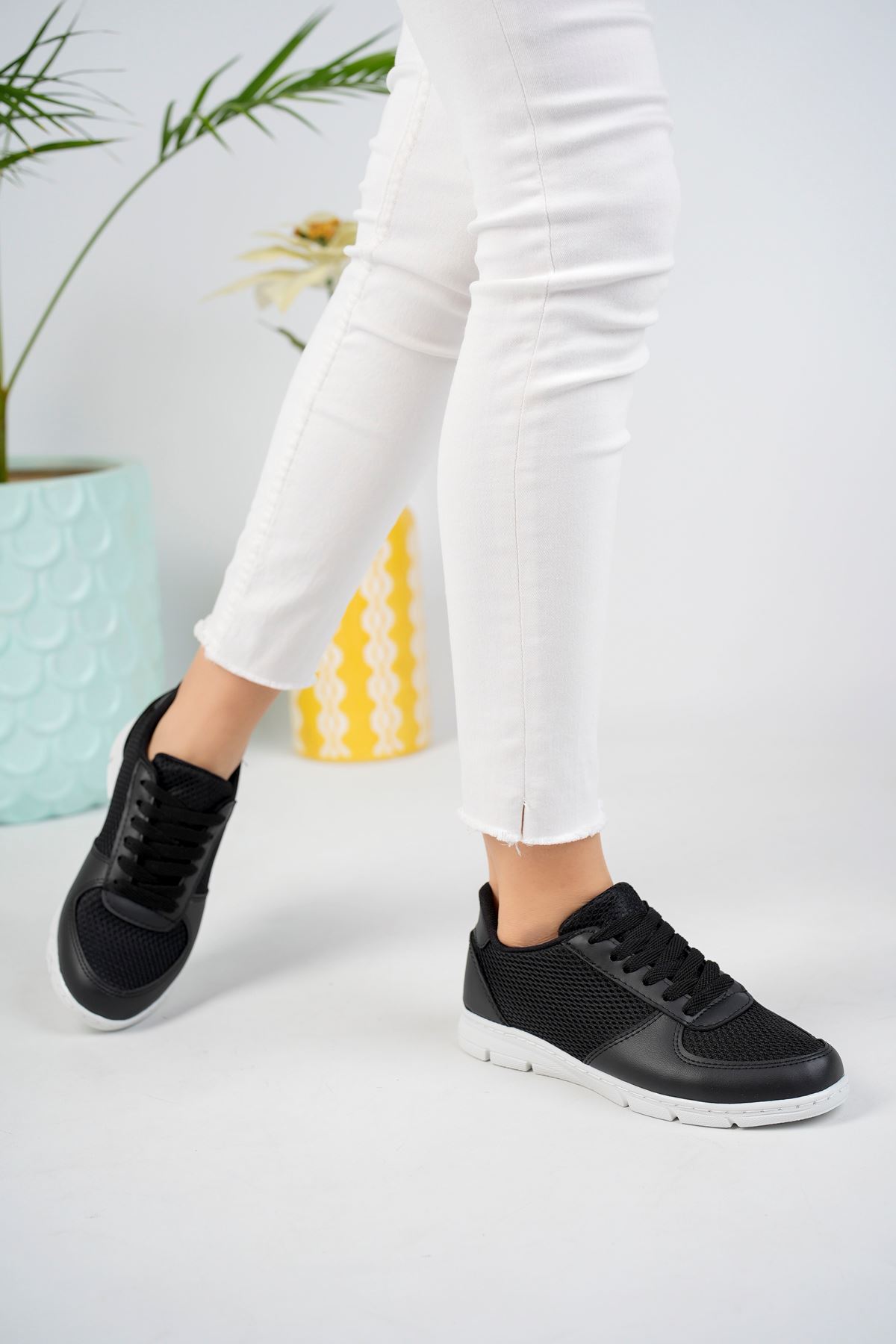 Black and White Sole Sneakers with Mesh