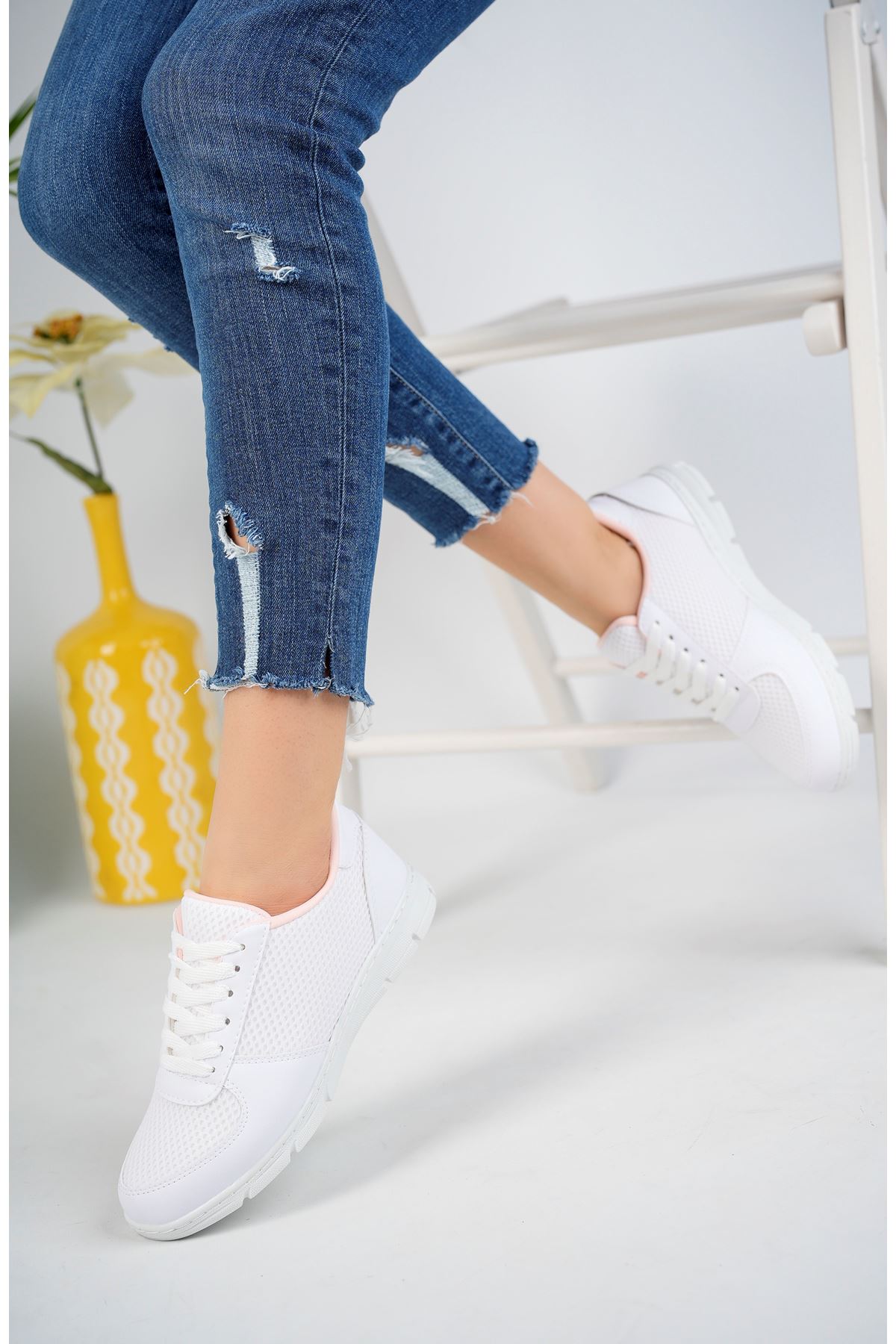 Plain White Sneakers with Mesh