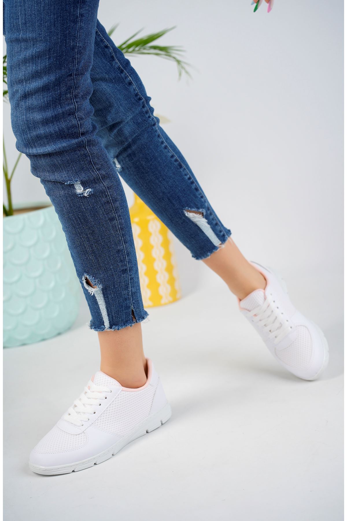 Plain White Sneakers with Mesh