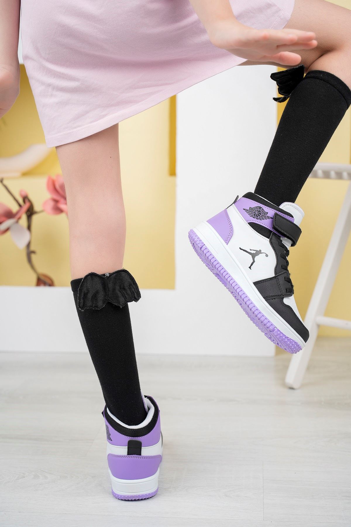 Purple Garnished Velcro Kids Sneakers