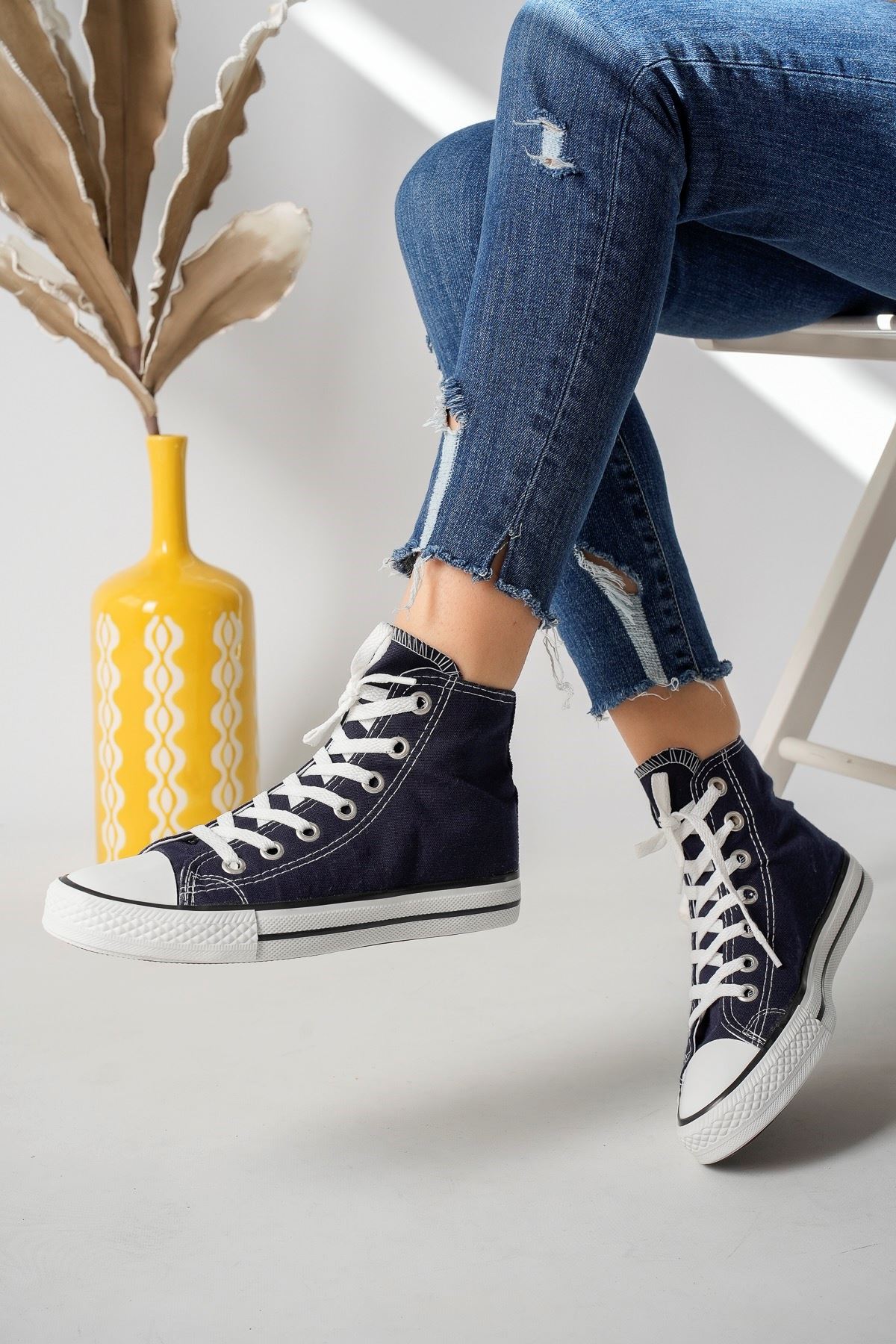 Navy Blue Long Linen Sneakers - Online Giyim ve Ayakkabı Sitesi