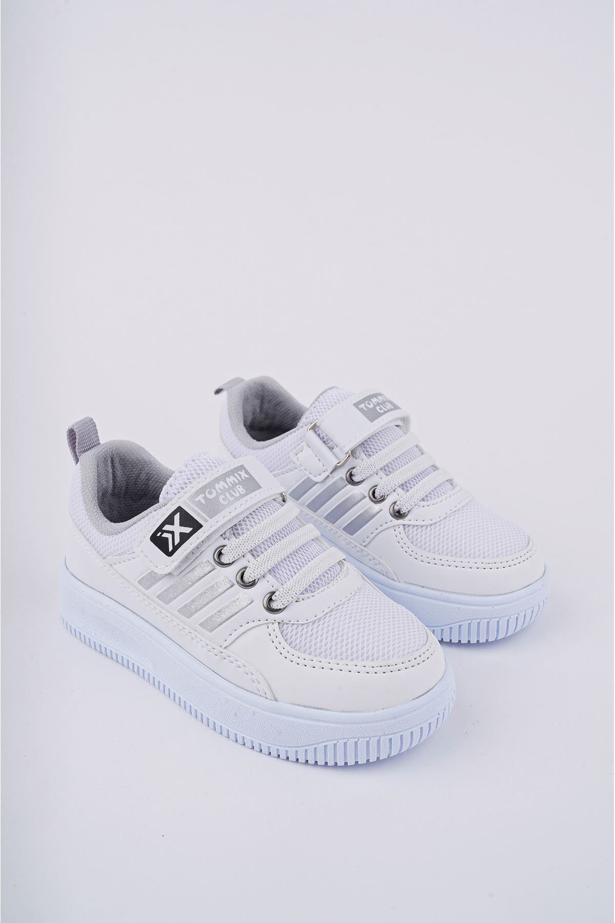 Velcro White Gray Stripe Kids Sneakers