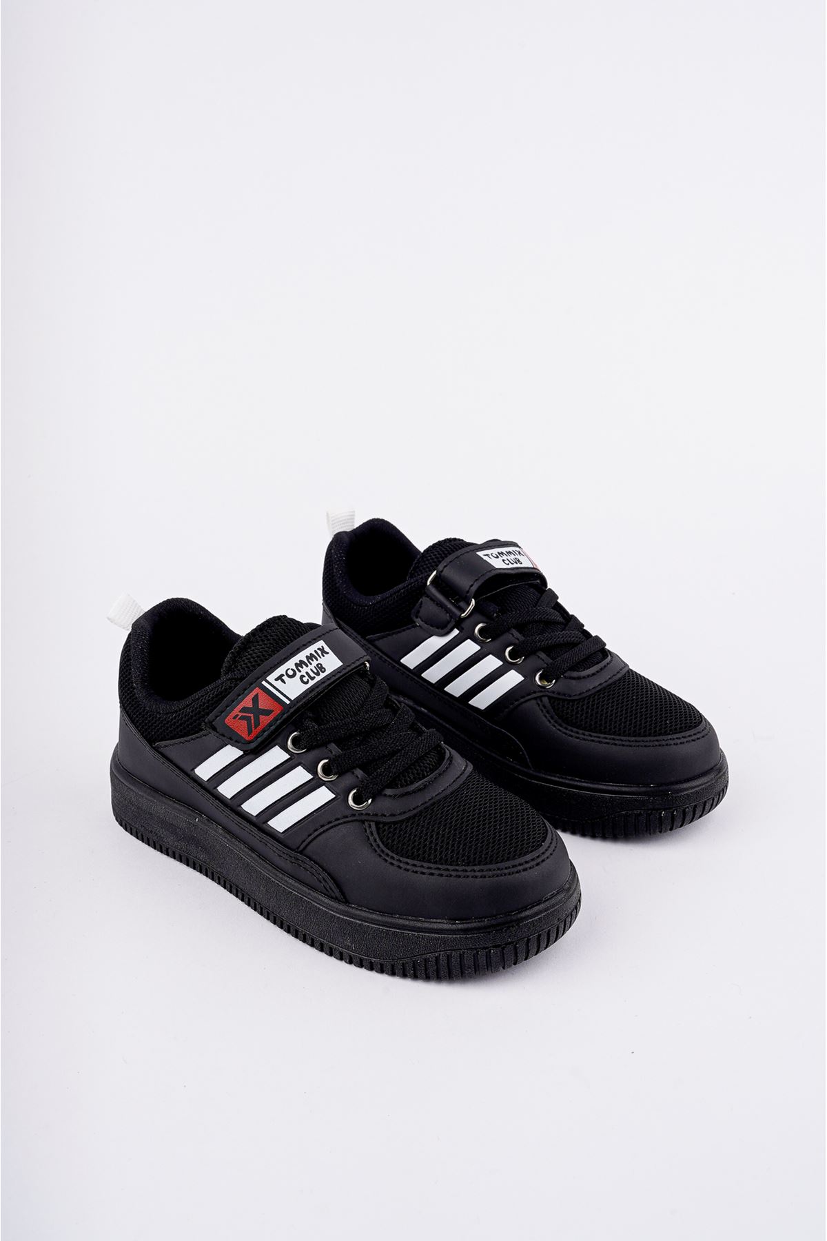 Velcro Black and White Stripe Sole Black Children's Sneakers