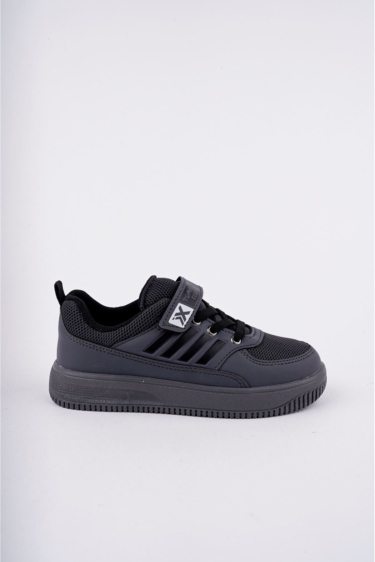 Velcro Black to Black Stripe Kids Sneakers
