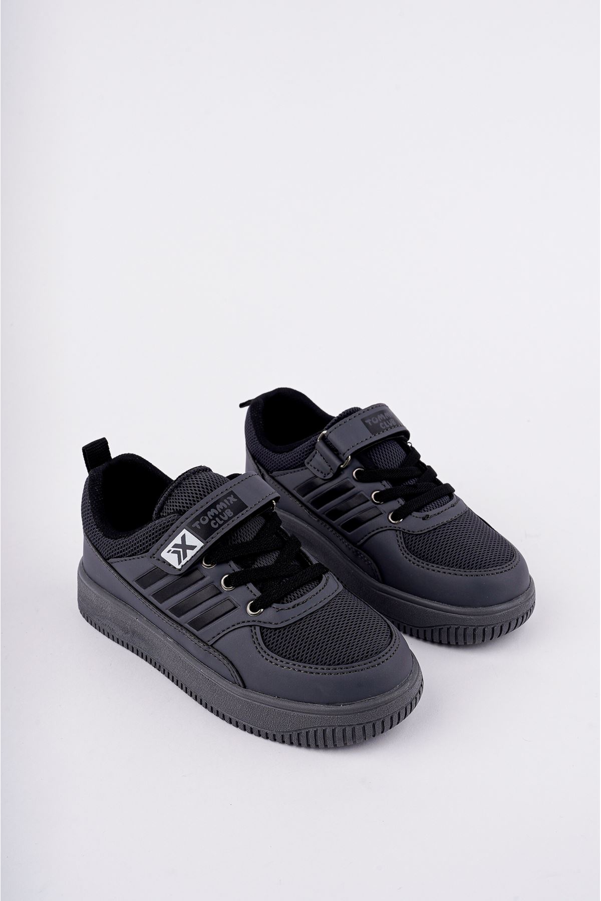 Velcro Black to Black Stripe Kids Sneakers