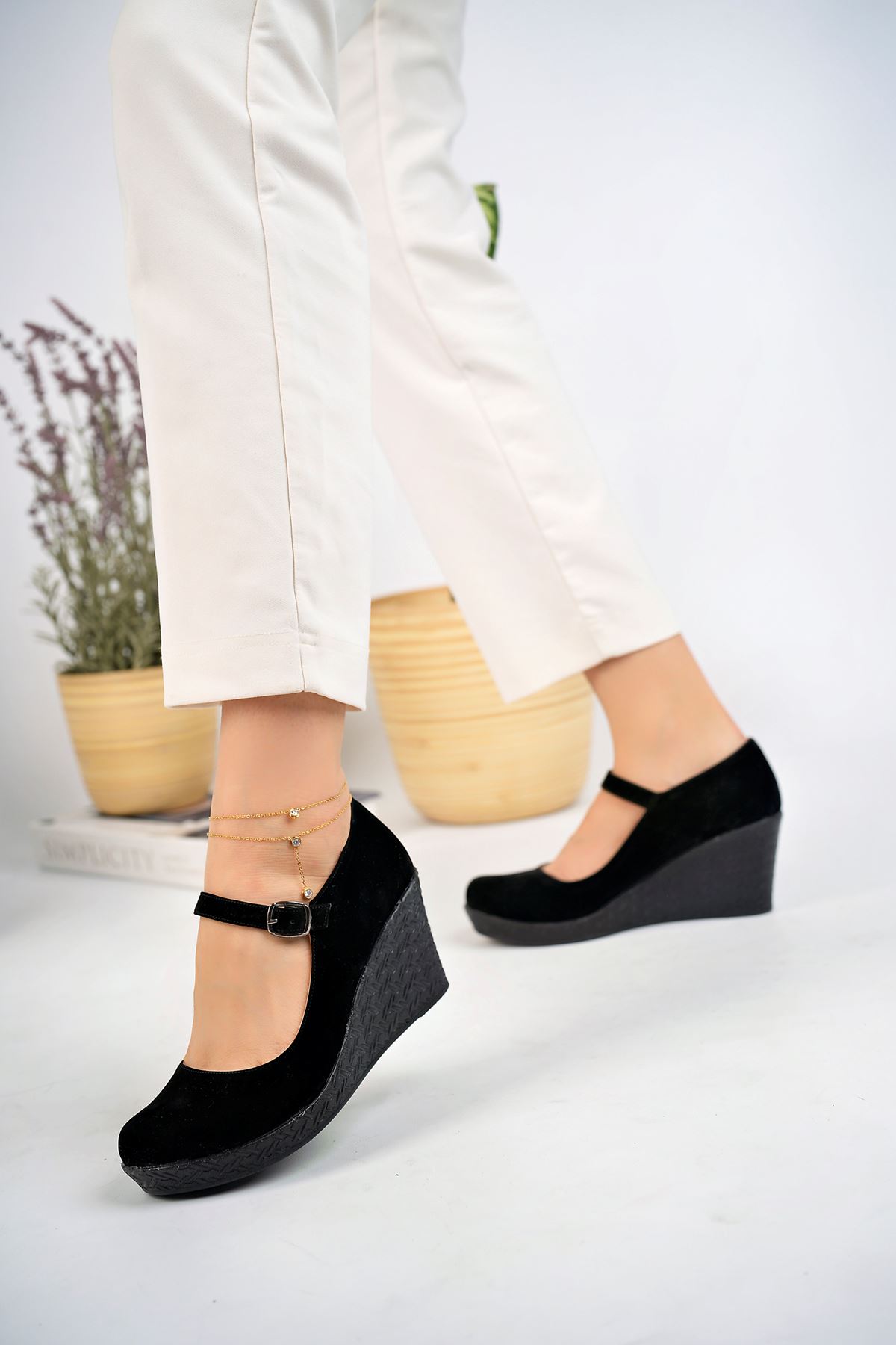 Black Suede Shoes with Padded Sole Ankle Buckle