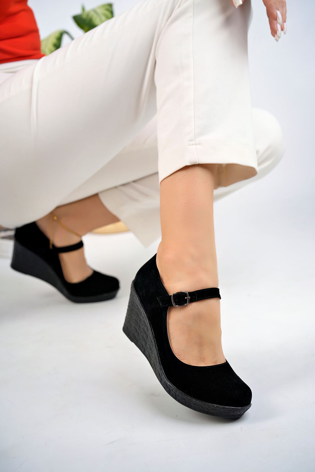 Black Suede Shoes with Padded Sole Ankle Buckle