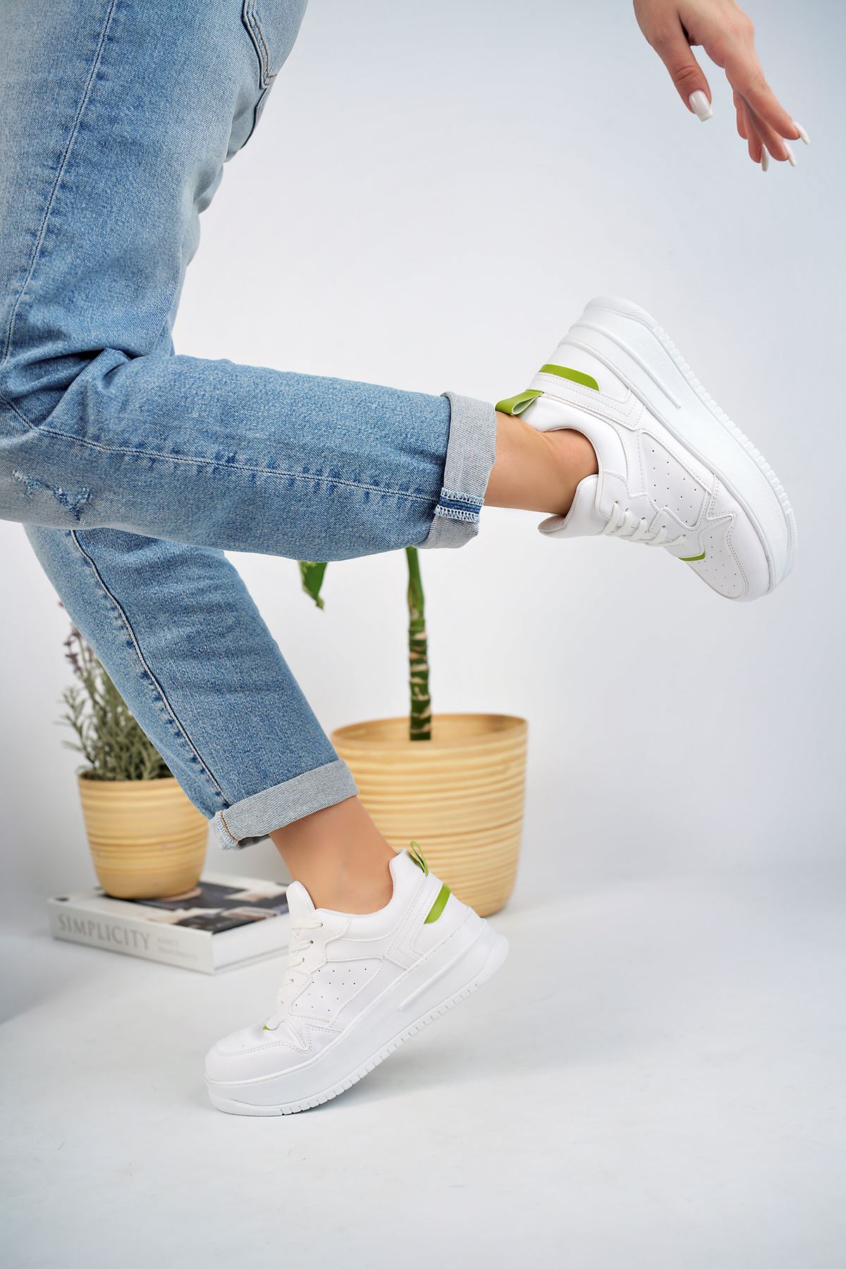 White Sneakers with Green Garnish