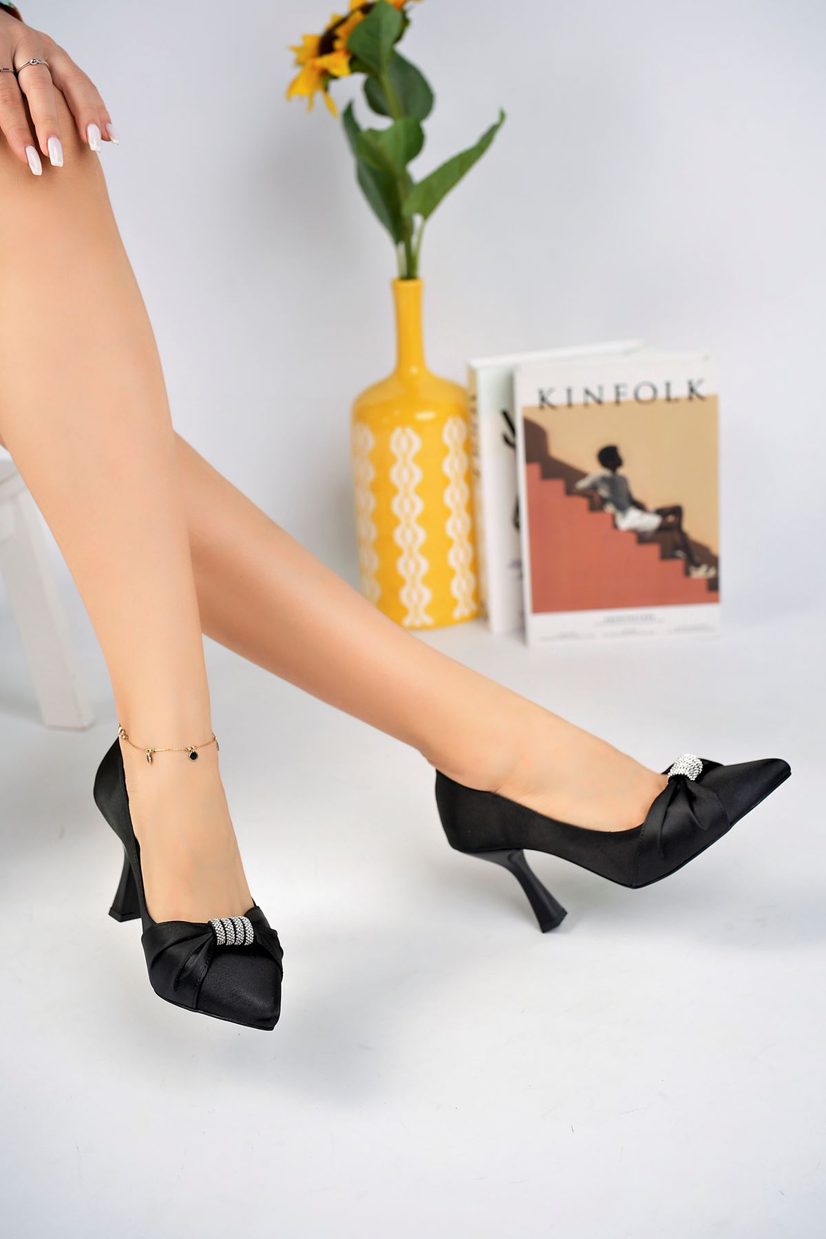 Black Satin Women's Stiletto with Goblet Heel and Stone Front